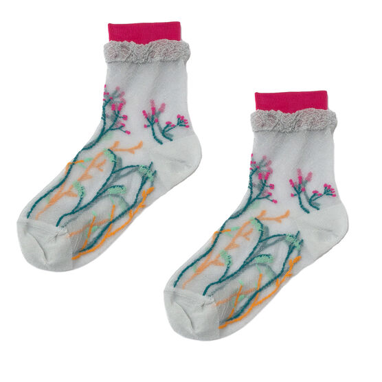 Embroidered flower semi-sheer white socks